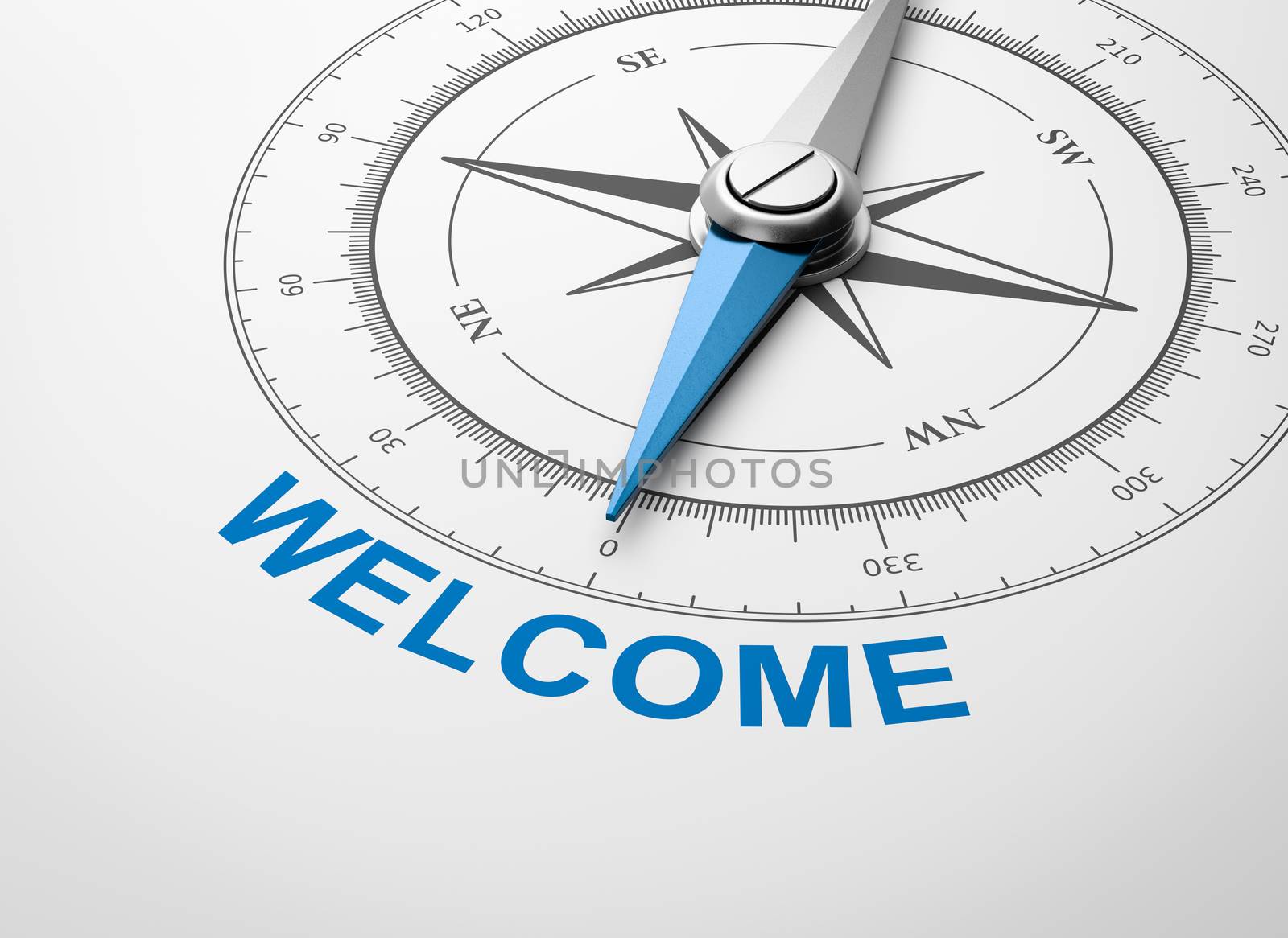 Magnetic Compass with Needle Pointing Blue Welcome Word on White Background 3D Illustration