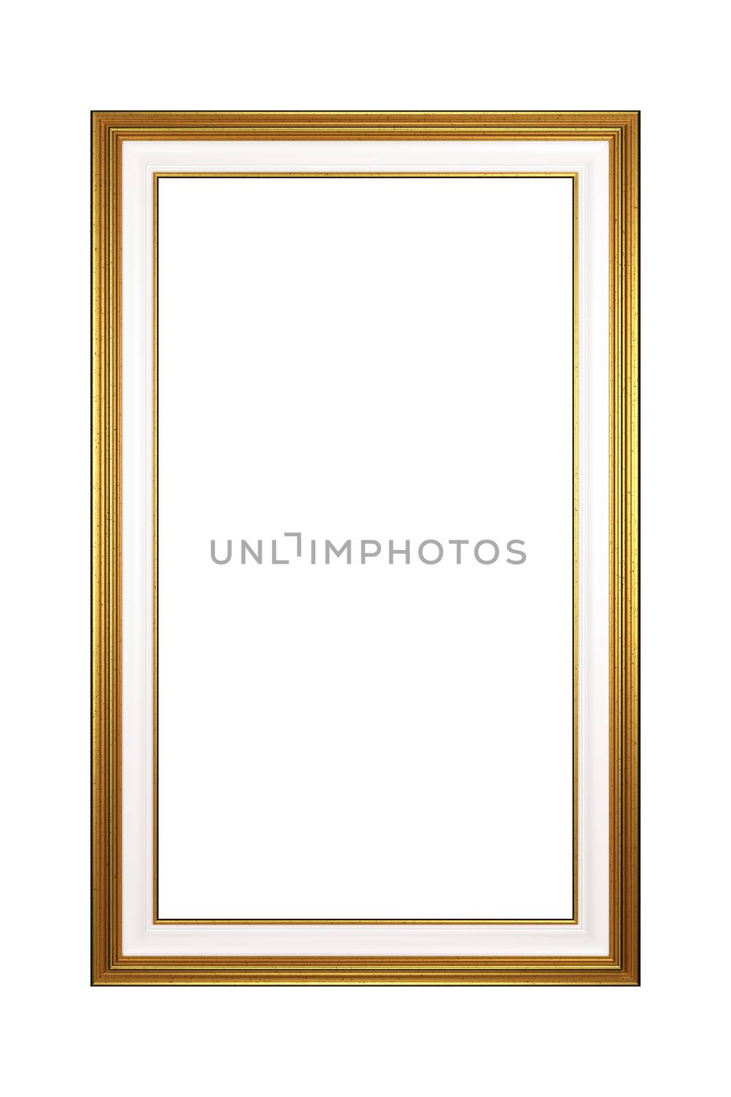 Classic Rectangular Portrait Empty Golden Picture Frame Isolated on White Background 3D Render