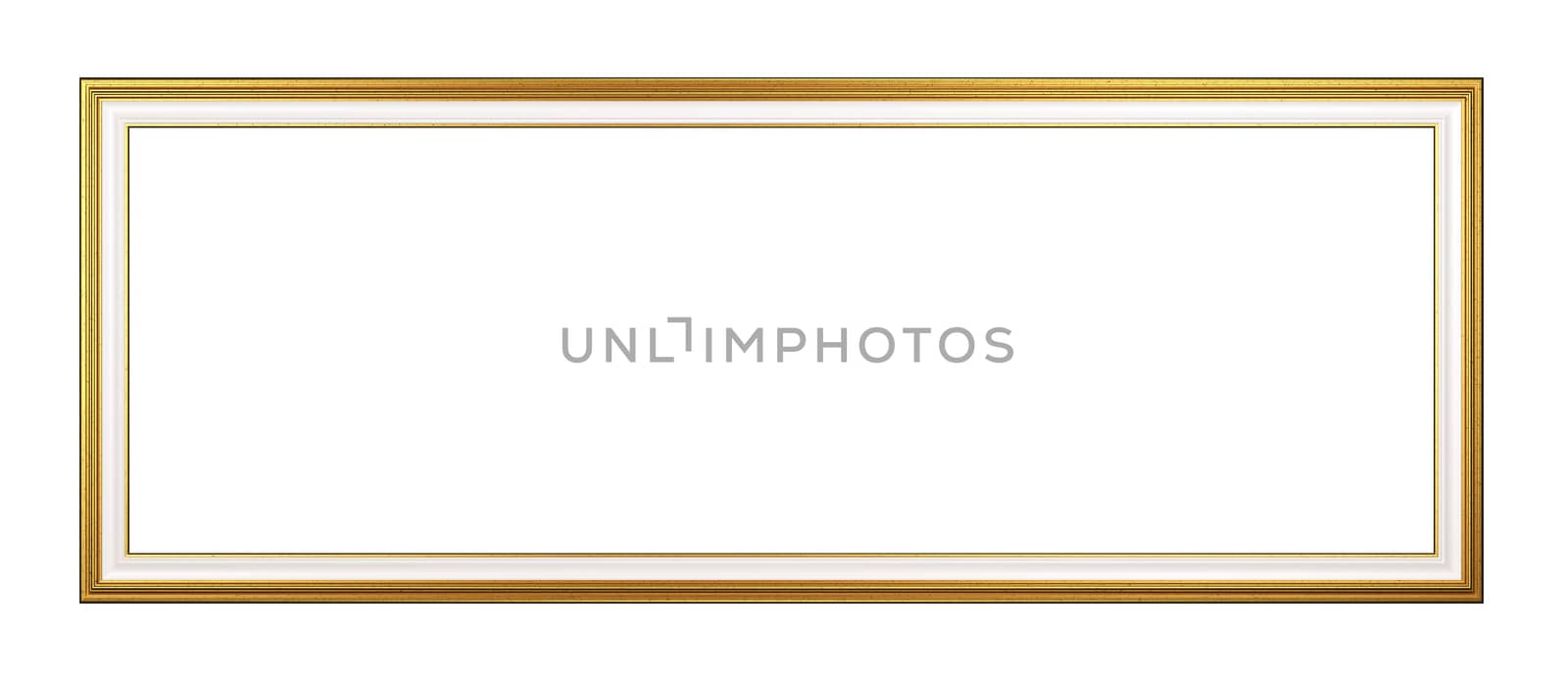 Classic Rectangular Panoramic Empty Golden Picture Frame Isolated on White Background 3D Render