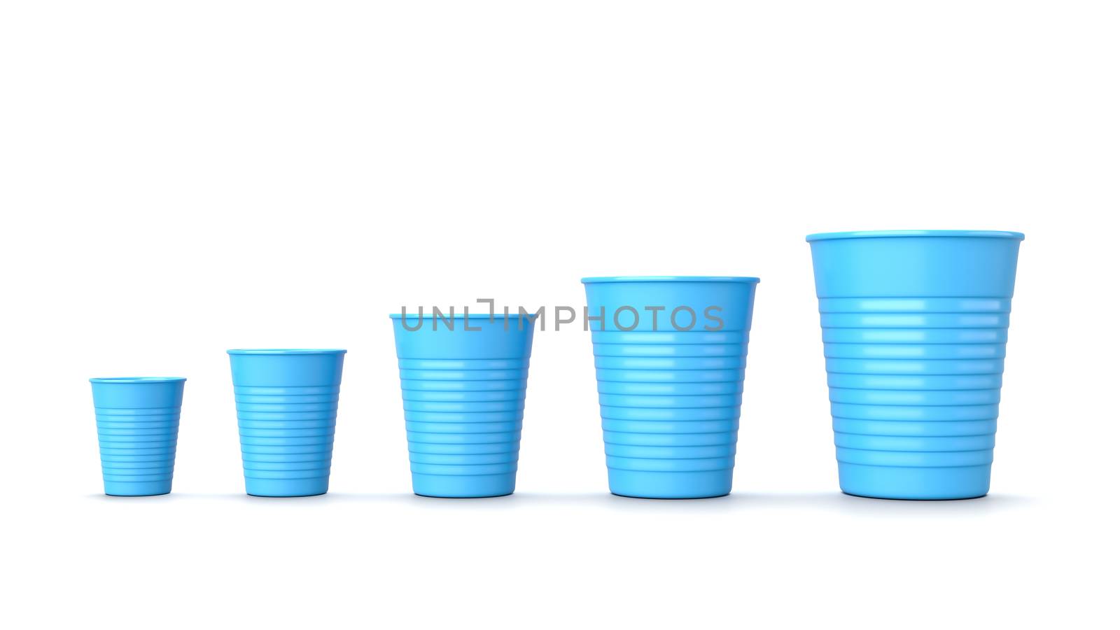 Increasing Size Blue Plastic Cups on White by make