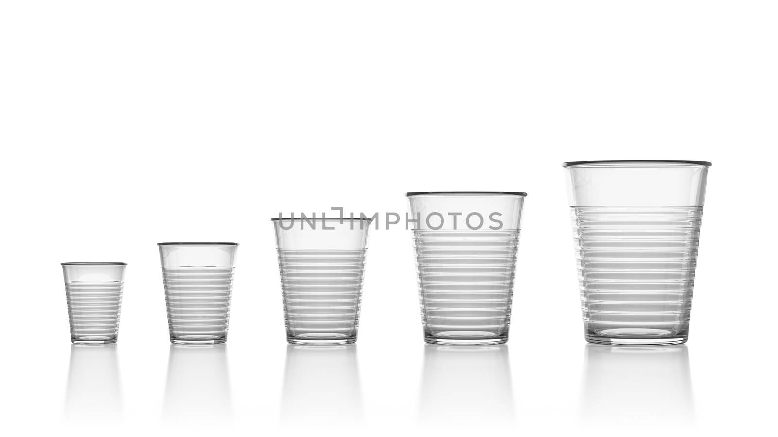 Set of Five, Increasing Size, Empty, Transparent Plastic Cups Isolated on White Background 3D Illustration