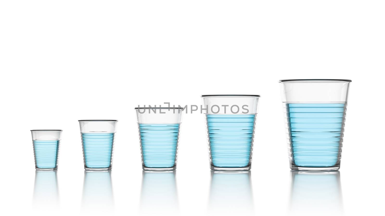 Set of Five, Increasing Size, Transparent Plastic Cups with Blue Water Isolated on White Background 3D Illustration