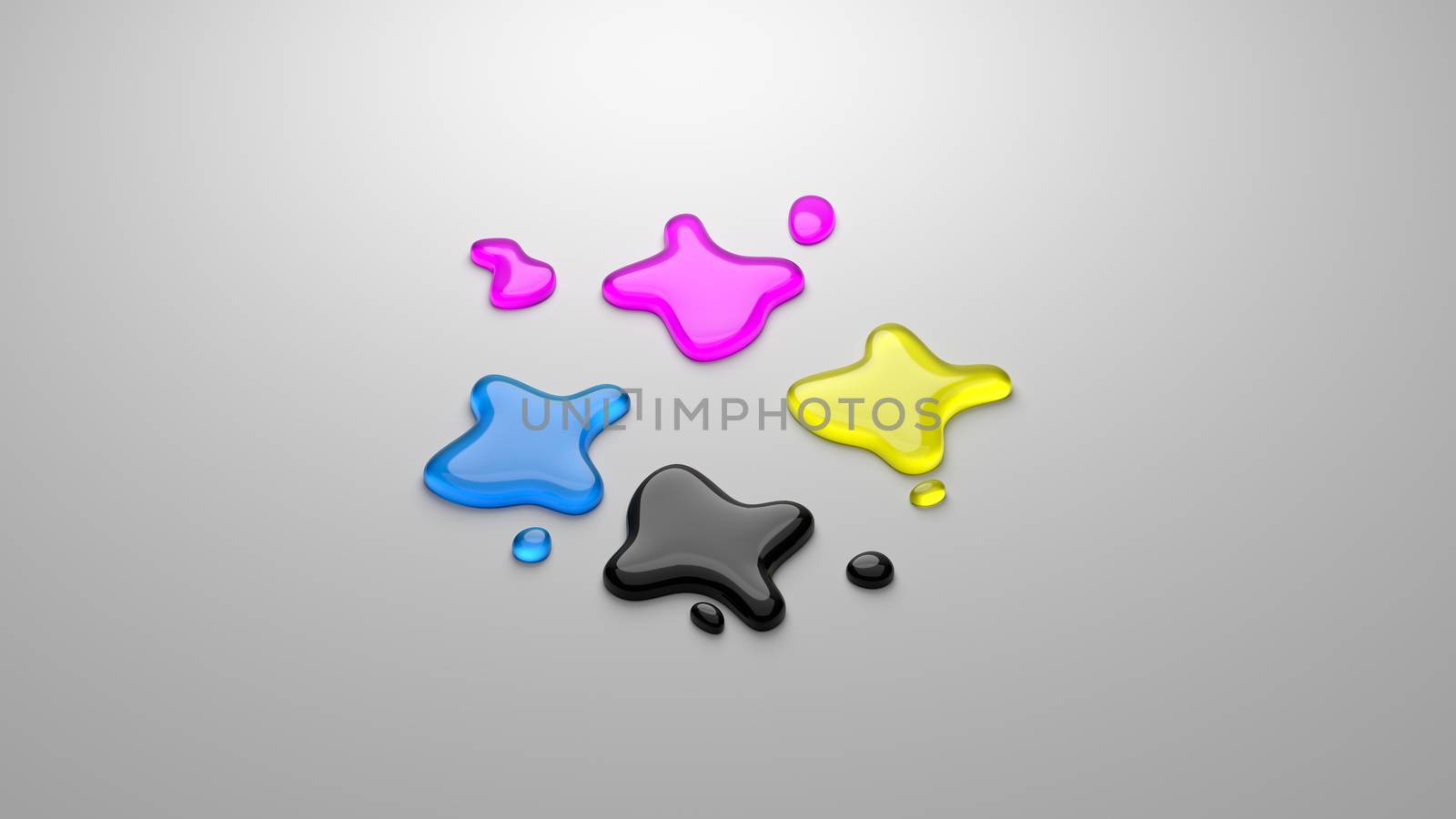 CMYK Four Colors Ink Puddles on Gray Background 3D Illustration,  Four-Color Process Concept