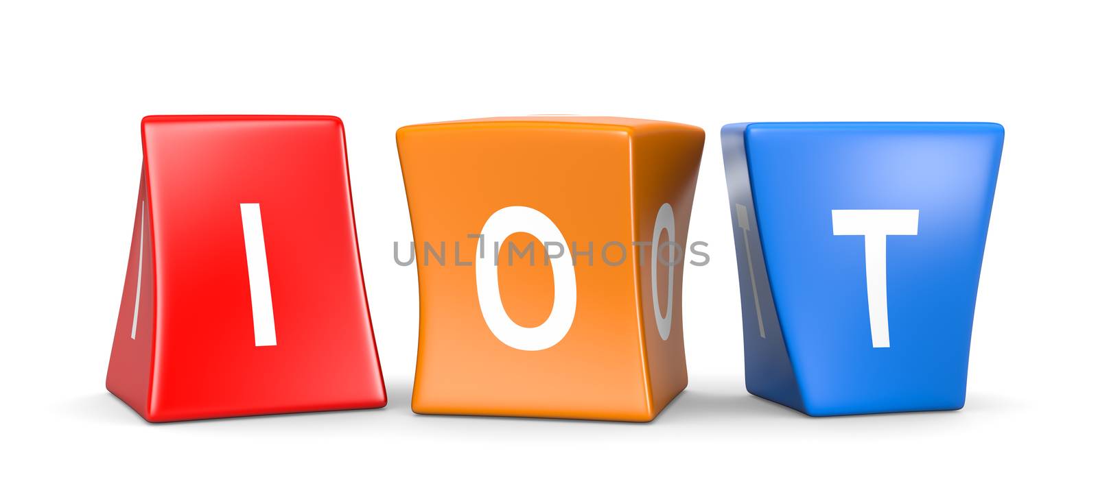 IOT White Text on Colorful Deformed Funny Cubes 3D Illustration on White Background, Internet Of Things Concept