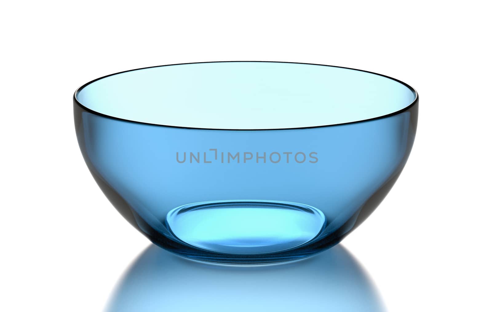 One Single Empty Transparent Blue Glass Bowl on White Background 3D Illustration