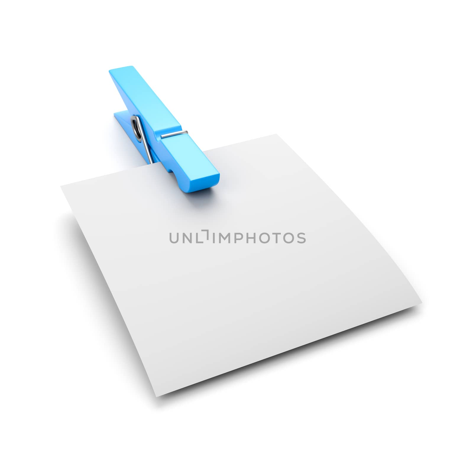 Empty Paper Sheet with Blue Clothespin Isolated on White Background 3D Illustration