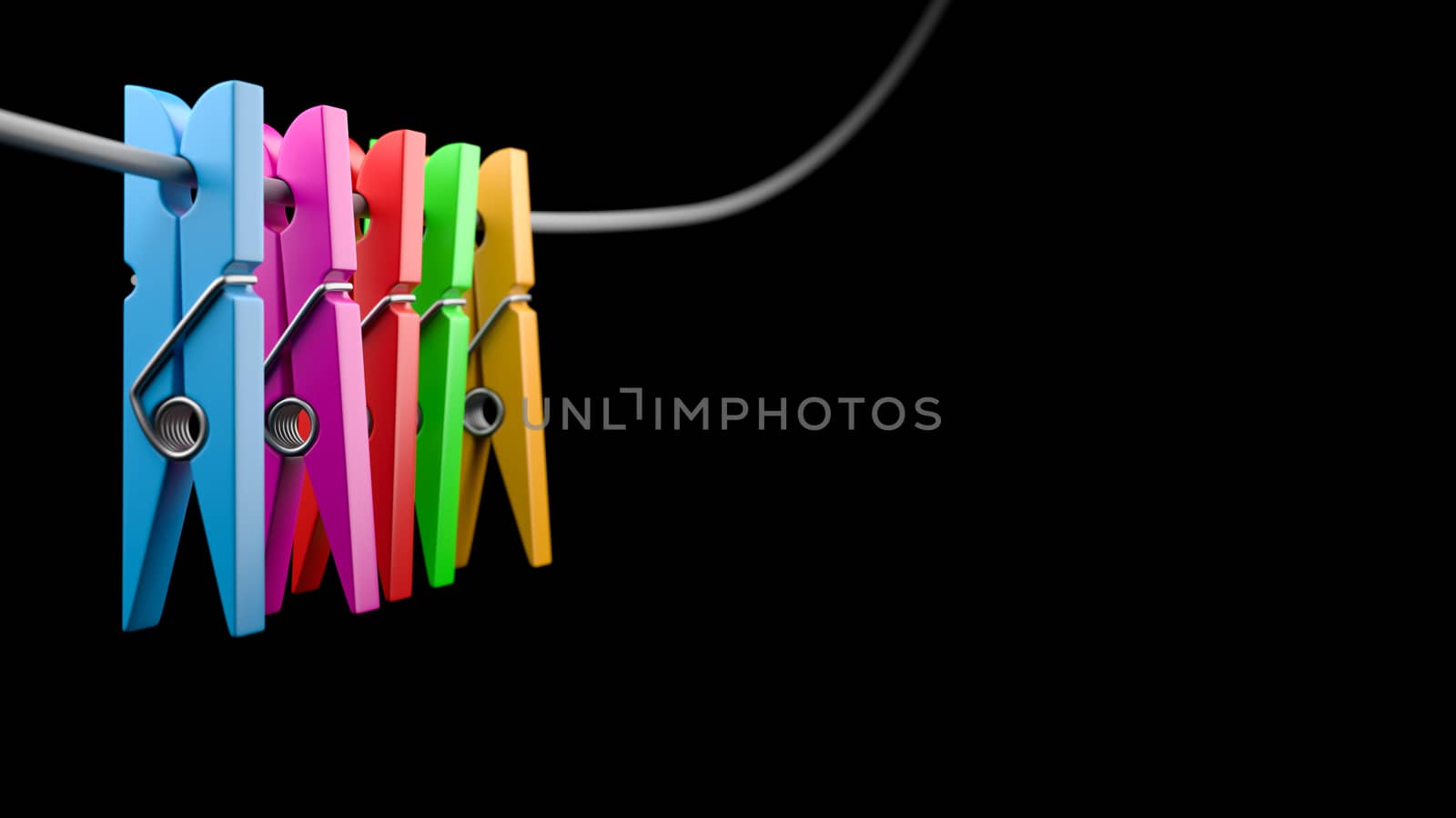 Colorful Clothespins with Copyspace on Black Background 3D Illustration