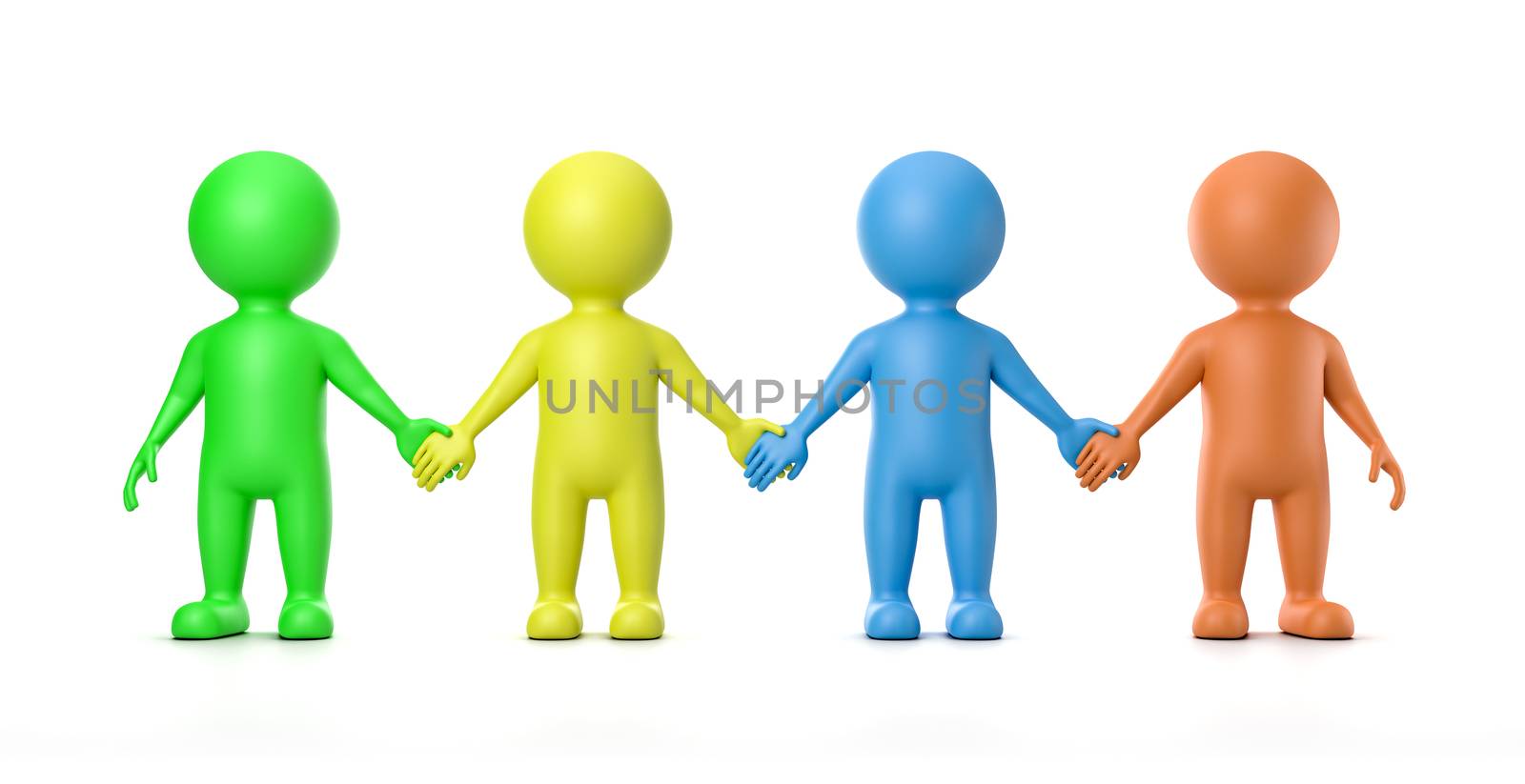 Four Multicolor Human 3D Characters Holding Hands Illustration on White Background