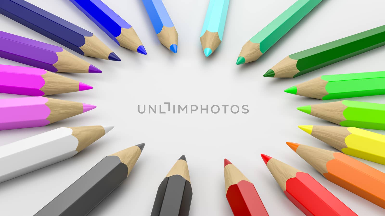 Rainbow of Colorful Wooden Pencils Arranged in Circle on White Background 3D Illustration