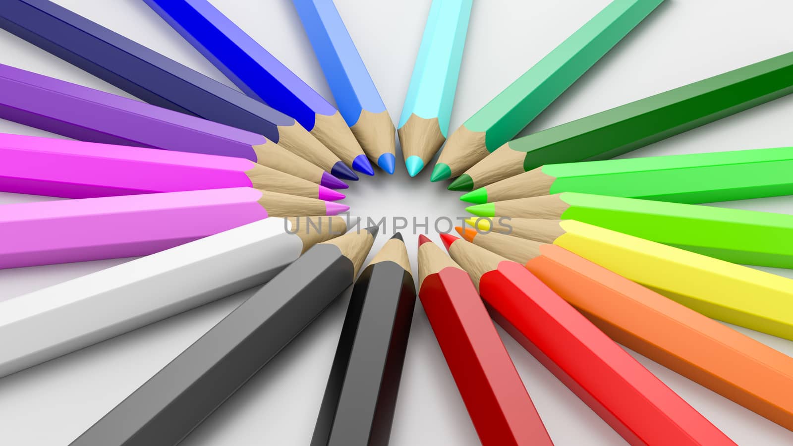 Rainbow of Colorful Wooden Pencils Arranged in Circle on White Background 3D Illustration