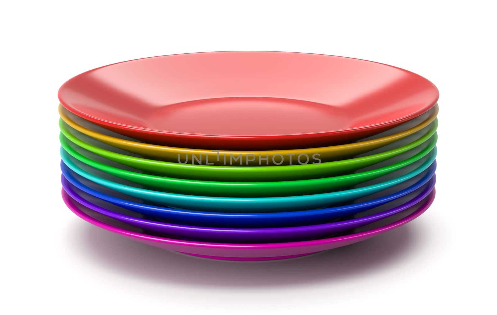 Stack of Clean Colorful Dishes on White Background 3D Illustration