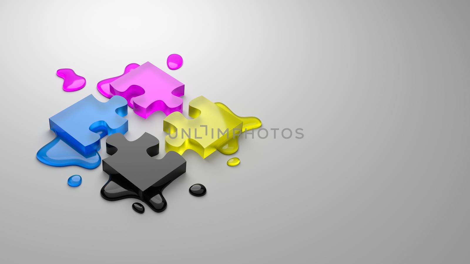 CMYK Four Colors Glassy Puzzle Pieces Combined with Ink Stains on Gray Background with Copy Space 3D Illustration,  Four-Color Process Concept