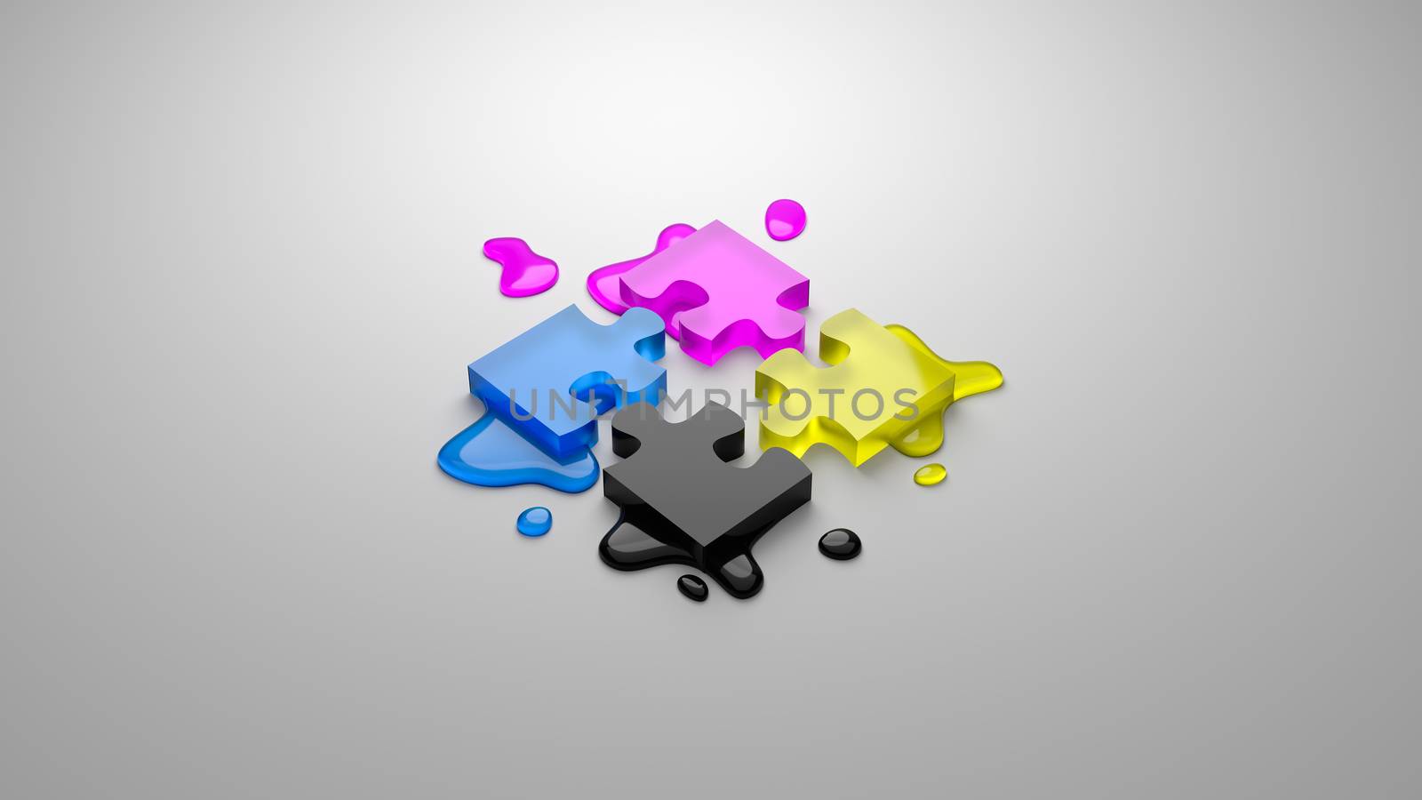 CMYK Four Colors Glassy Puzzle Pieces Combined with Ink Stains on Gray Background 3D Illustration,  Four-Color Process Concept