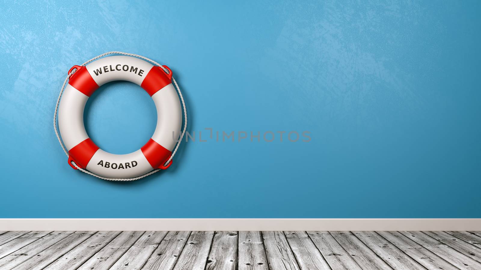 Lifebuoy with Welcome Aboard Text in a Blue Wall Room with Copy Space 3D Render