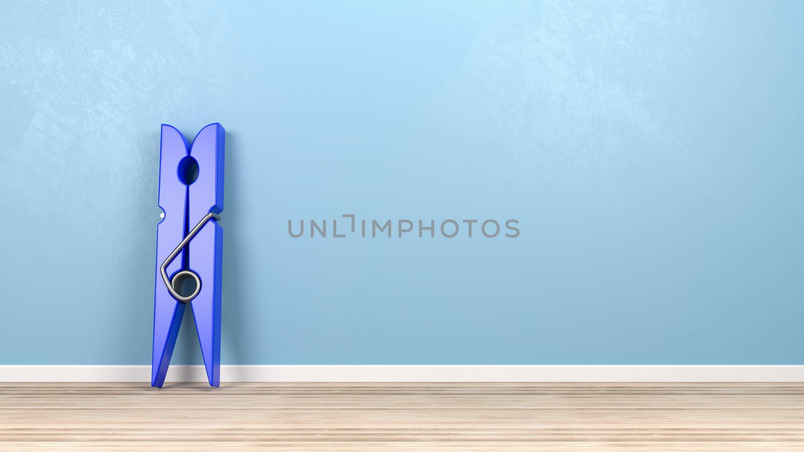 Blue Plastic Clothespin on Wooden Floor Against Blue Wall with Copy Space 3D Illustration