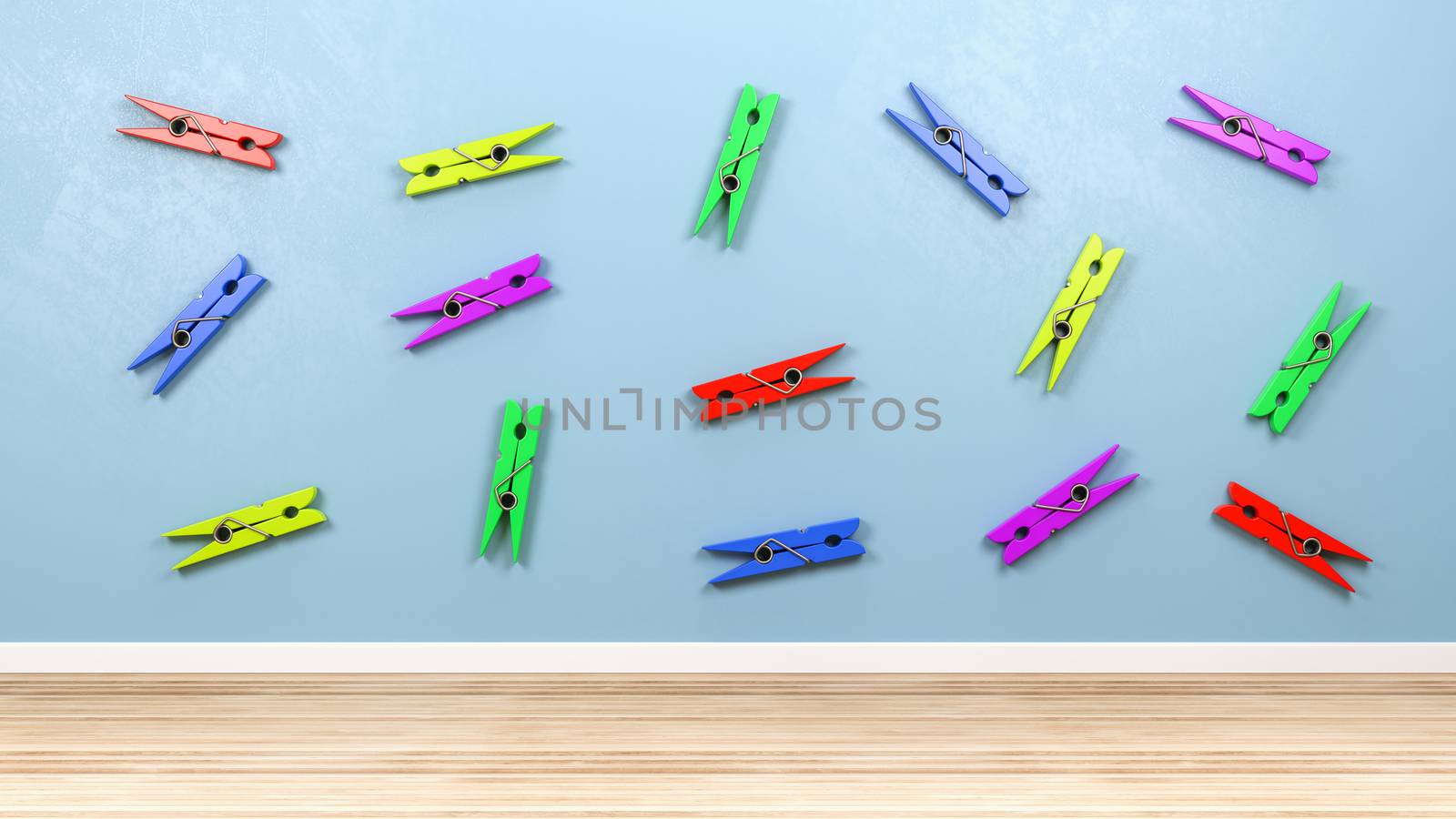 Colorful Plastic Clothespin on the Blue Wall in the Room 3D Illustration