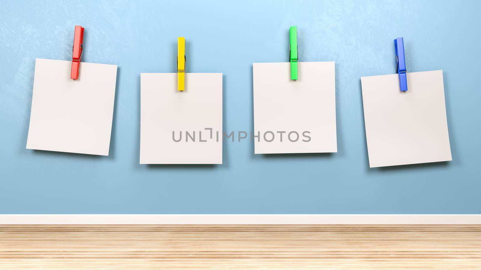 Four Blank Paper Notes with Colorful Clothespin Against Blue Wall in the Room 3D Illustration