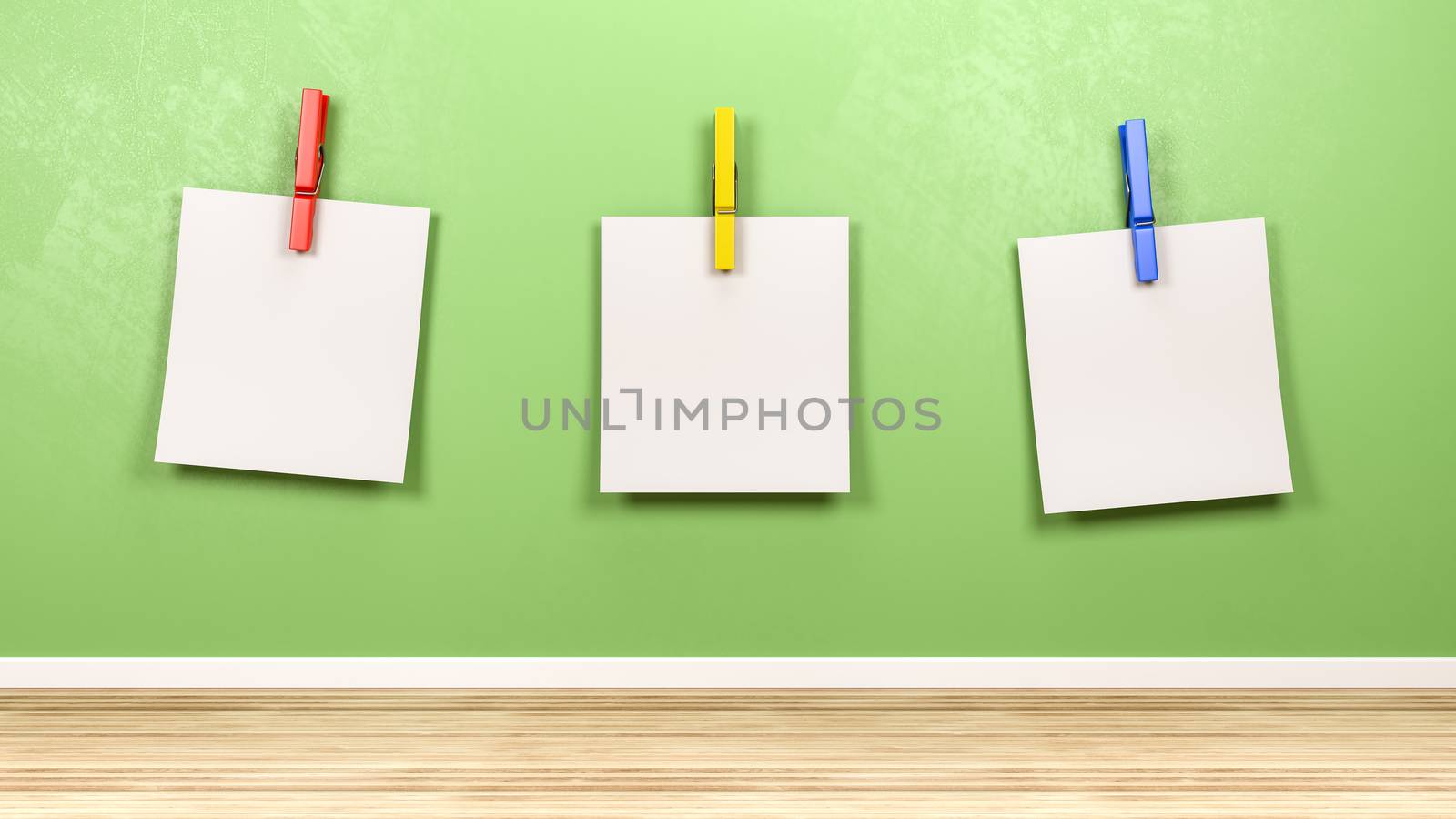 Three Blank Paper Notes with Colorful Clothespin Against Green Wall in the Room 3D Illustration