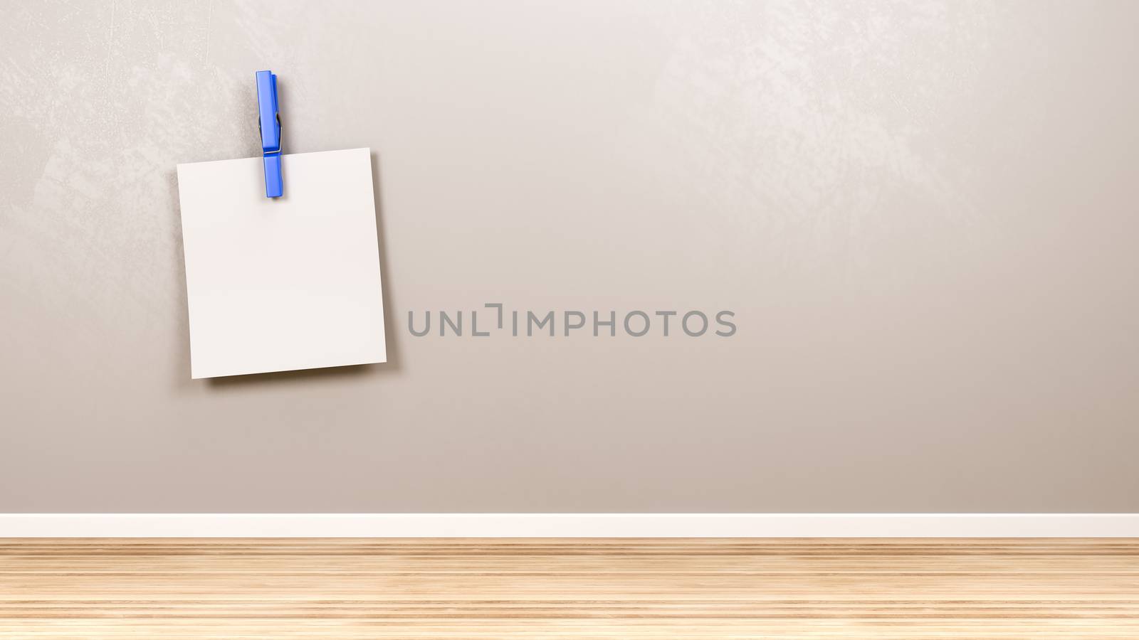 Blank Paper Note with Blue Clothespin Against Gray Wall in the Room with Copyspace 3D Illustration