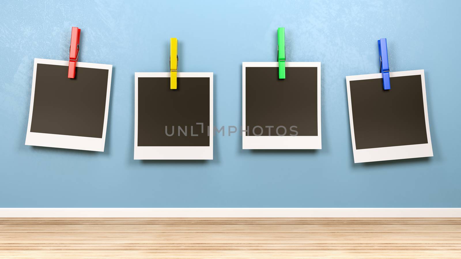 Four Empty Picture Frames Old Style Instant Photo with Colorful Clothespin Against Blue Wall in the Room 3D Illustration