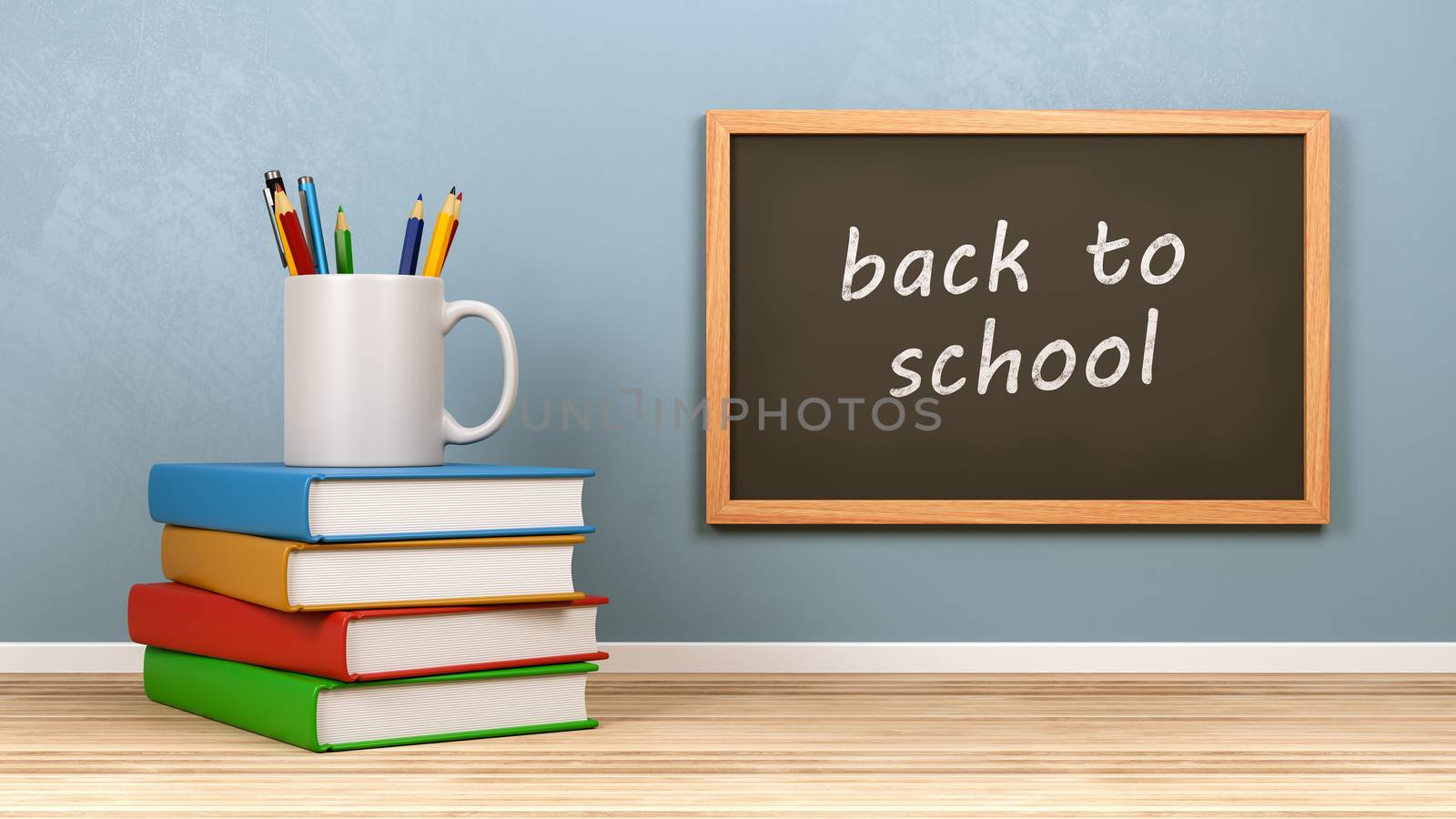 Stationery on Stack of Books and Blackboard with Back to School Text