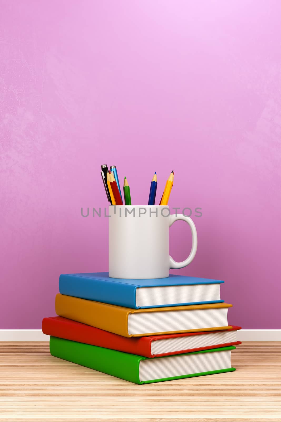Stack of Books and Stationery Supplies on Wooden Floor in the Room with Copyspace 3D Render