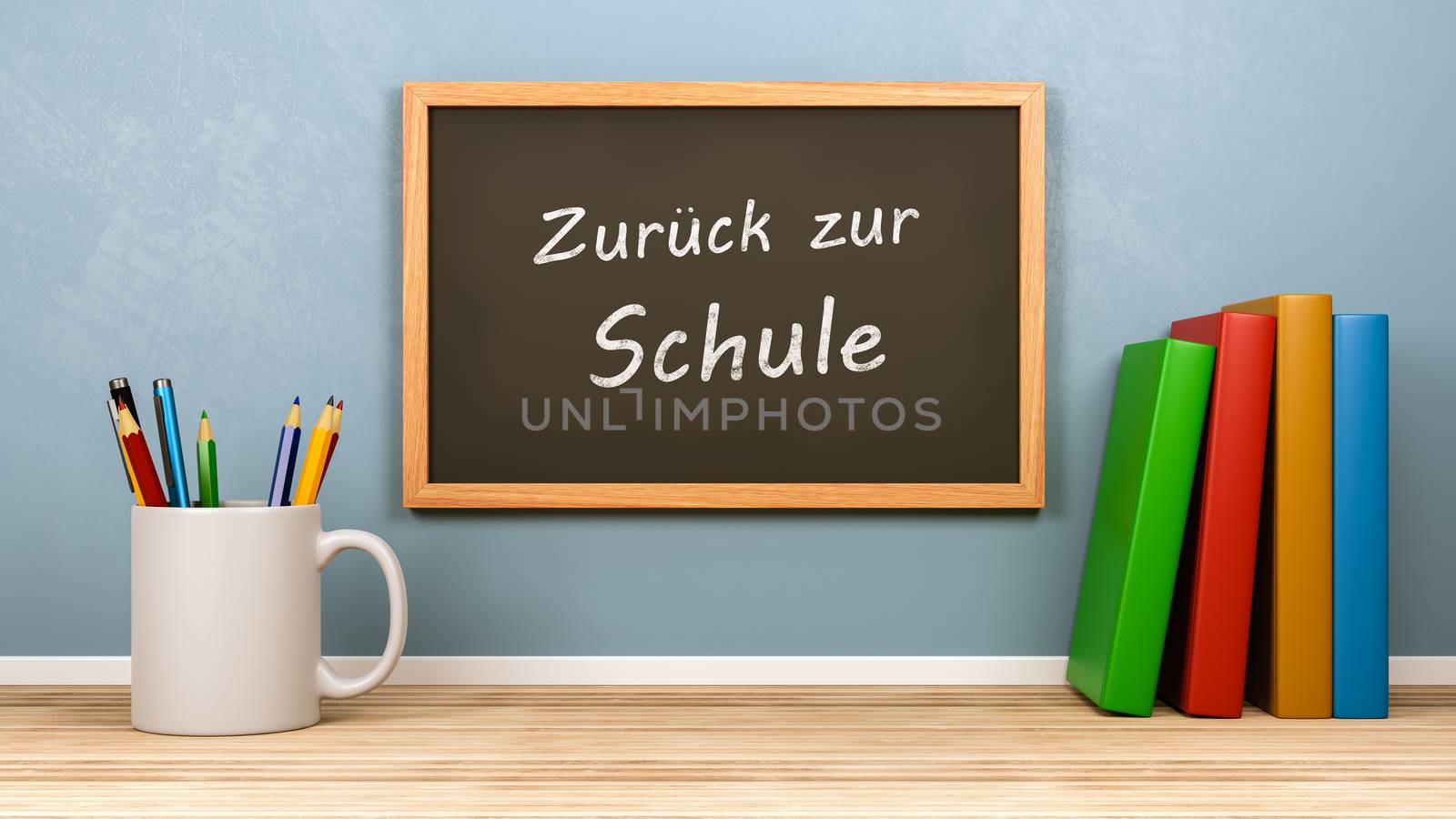 Stationery, Books and Blackboard with Back to School Text in German Language 3D Render