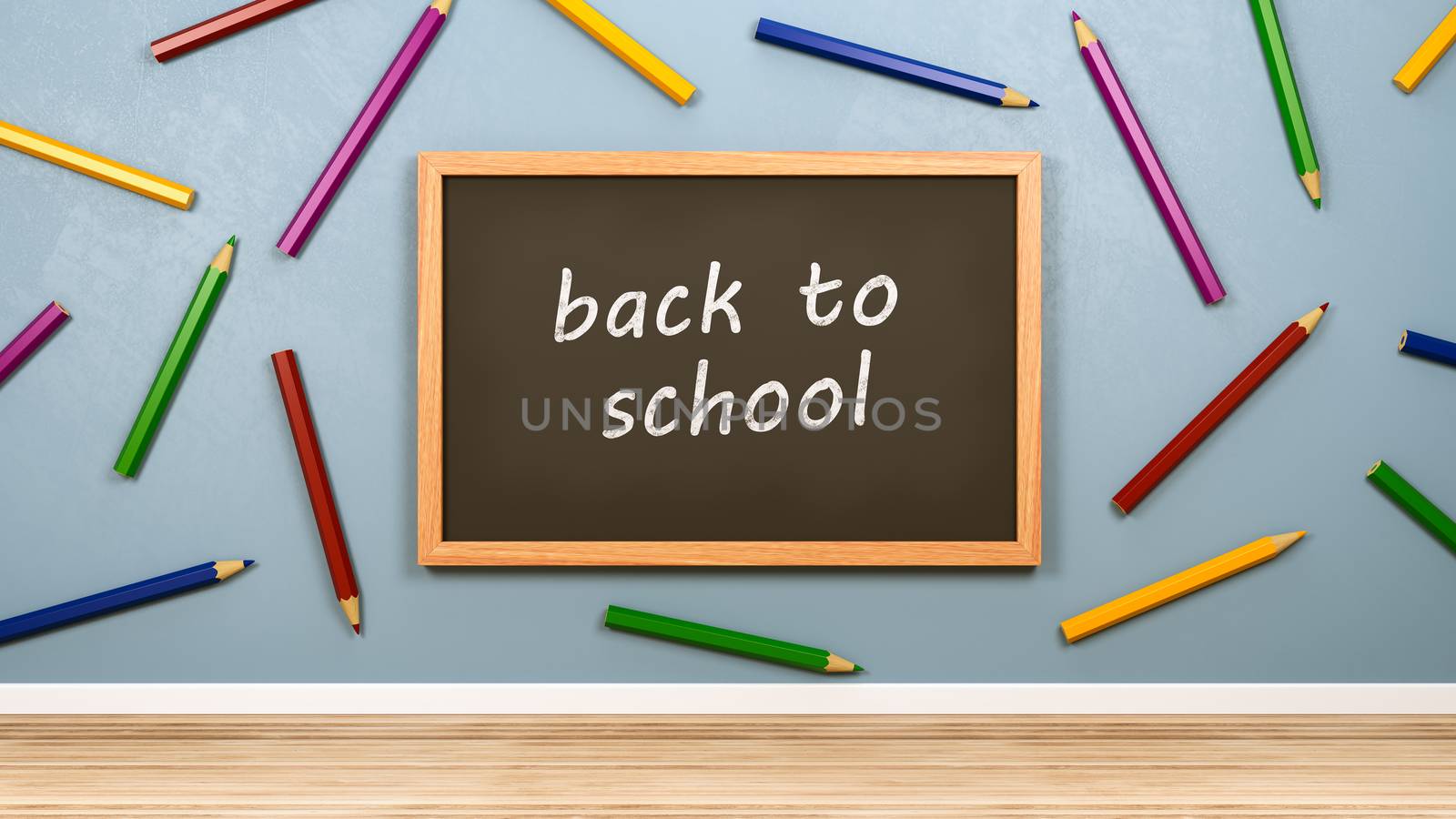 Blackboard with Back to School Text and Colorful Wooden Pencils at the Wall 3D Render