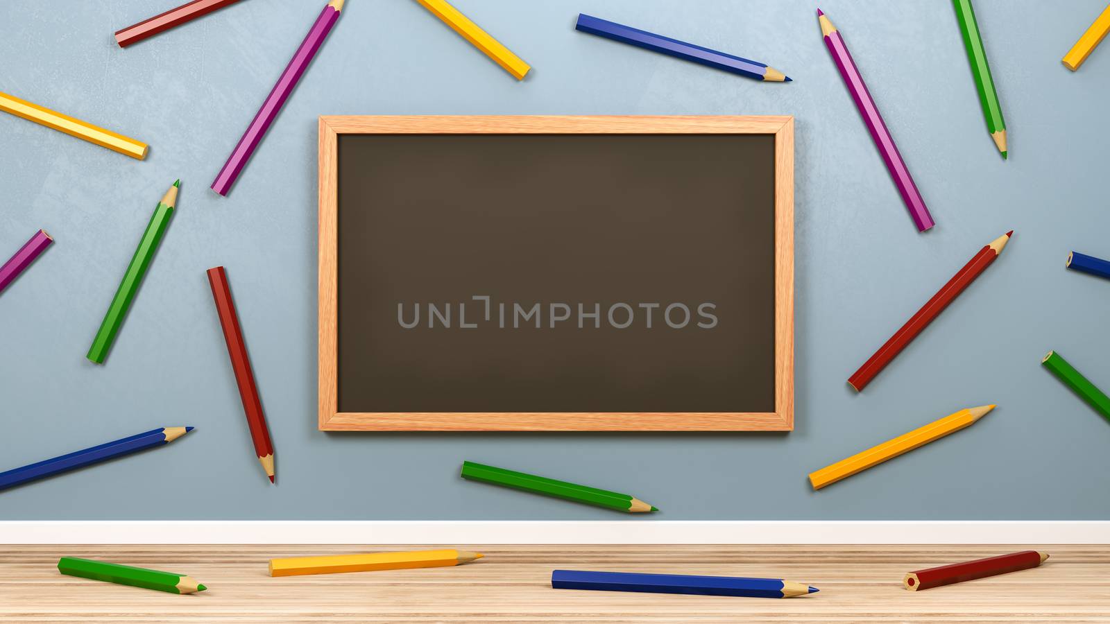 Empty Blackboard and Colorful Pencils in the Room by make