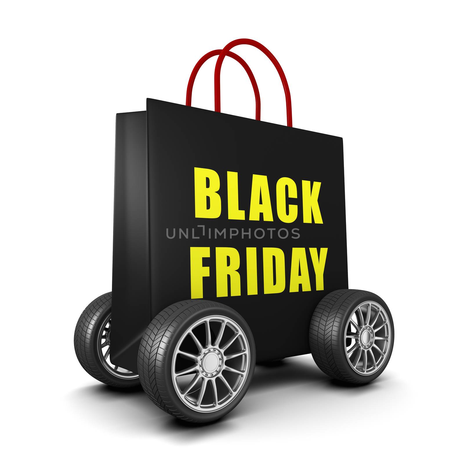 Black Shopping Bag on Wheels with Yellow Black Friday Text on White Background 3D Illustration