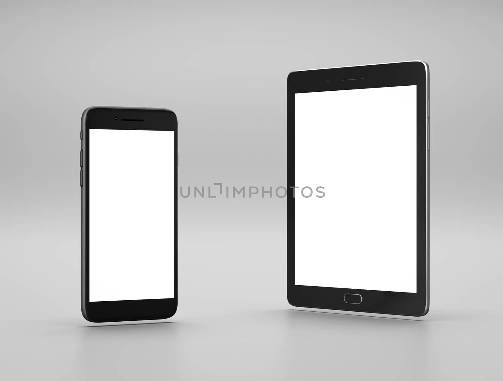 Standing Smartphone and Tablet Pc with White Blank Display on Gray Background 3D Illustration