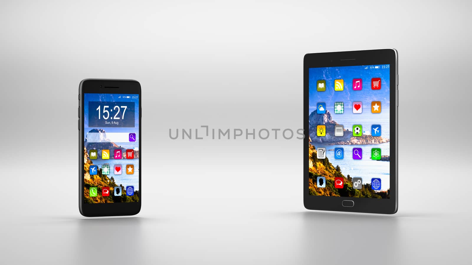 Standing Smartphone and Tablet Pc on Gray Background with Copyspace 3D Illustration, Compare Concept