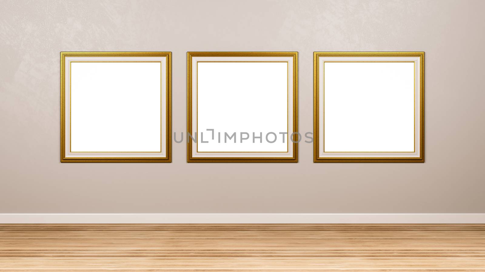 Triptych of Classic Square Empty Golden Picture Frame at the Wall in the Room 3D Render