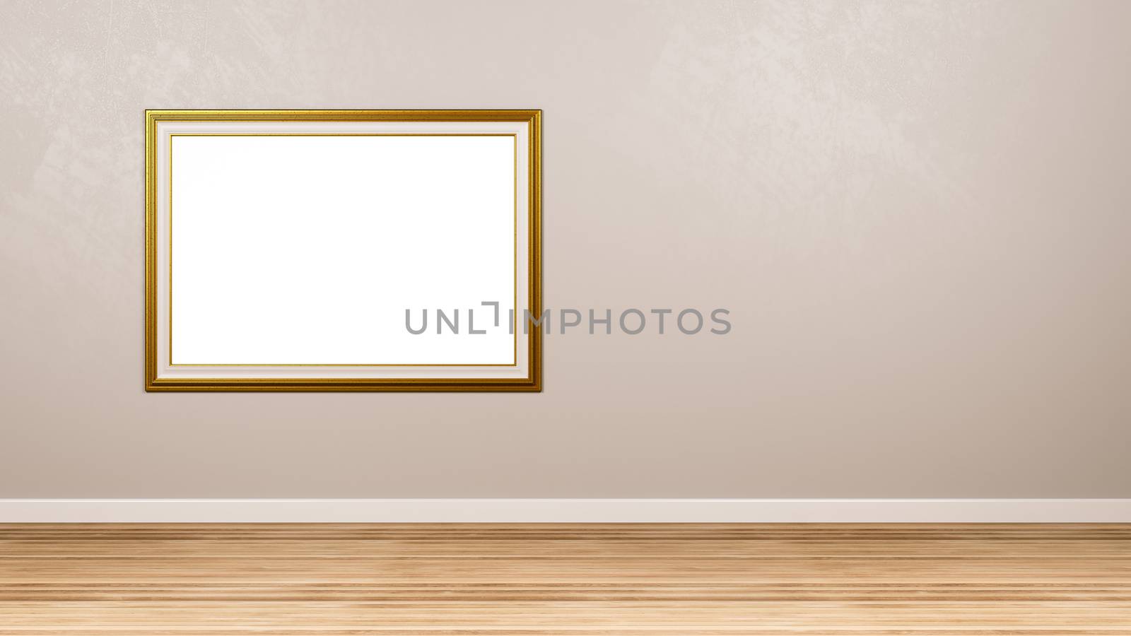Classic Rectangular Empty Golden Picture Frame at the Wall in the Room with Copyspace 3D Render