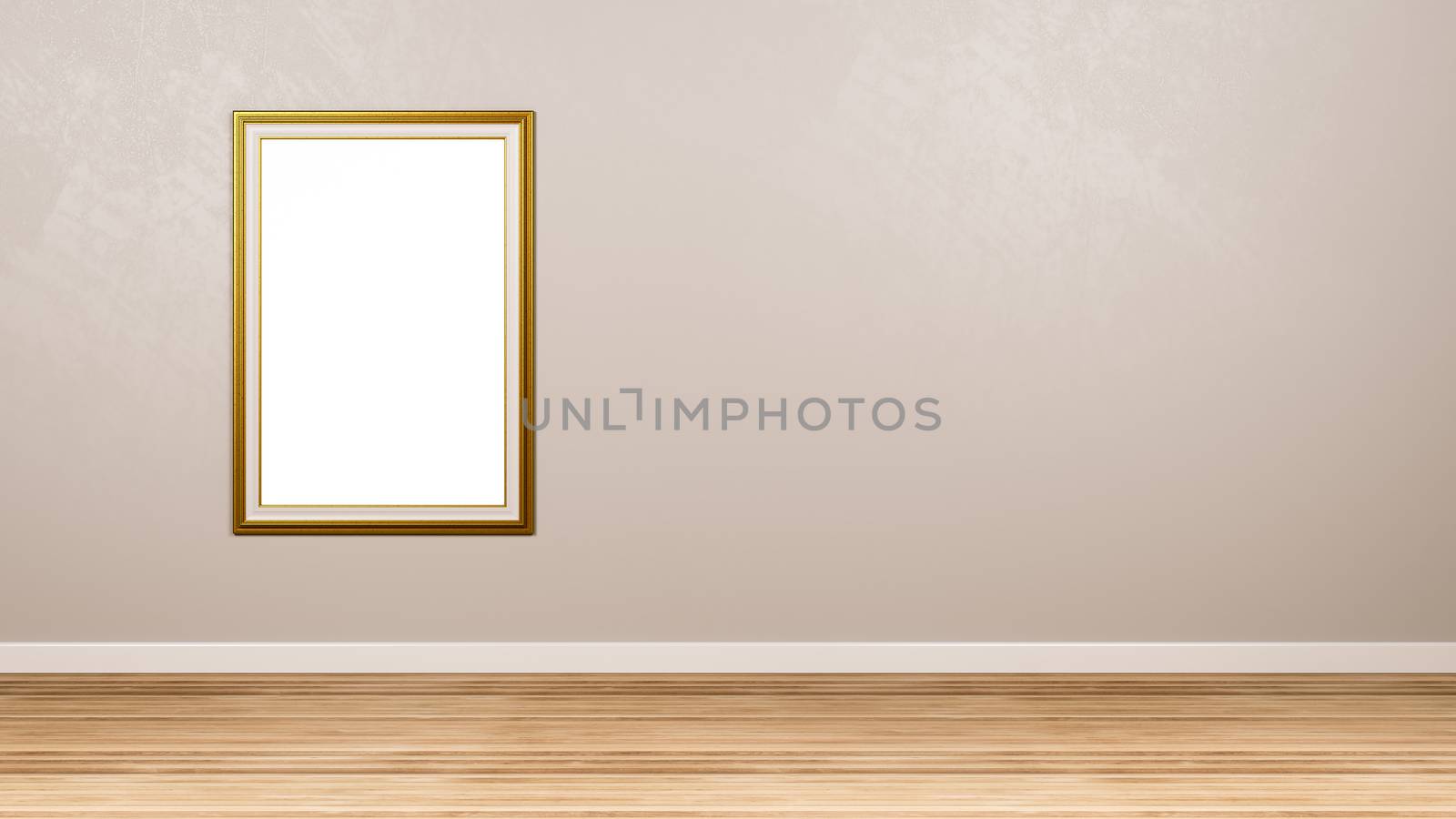 Golden Portrait Empty Picture Frame at the Wall by make