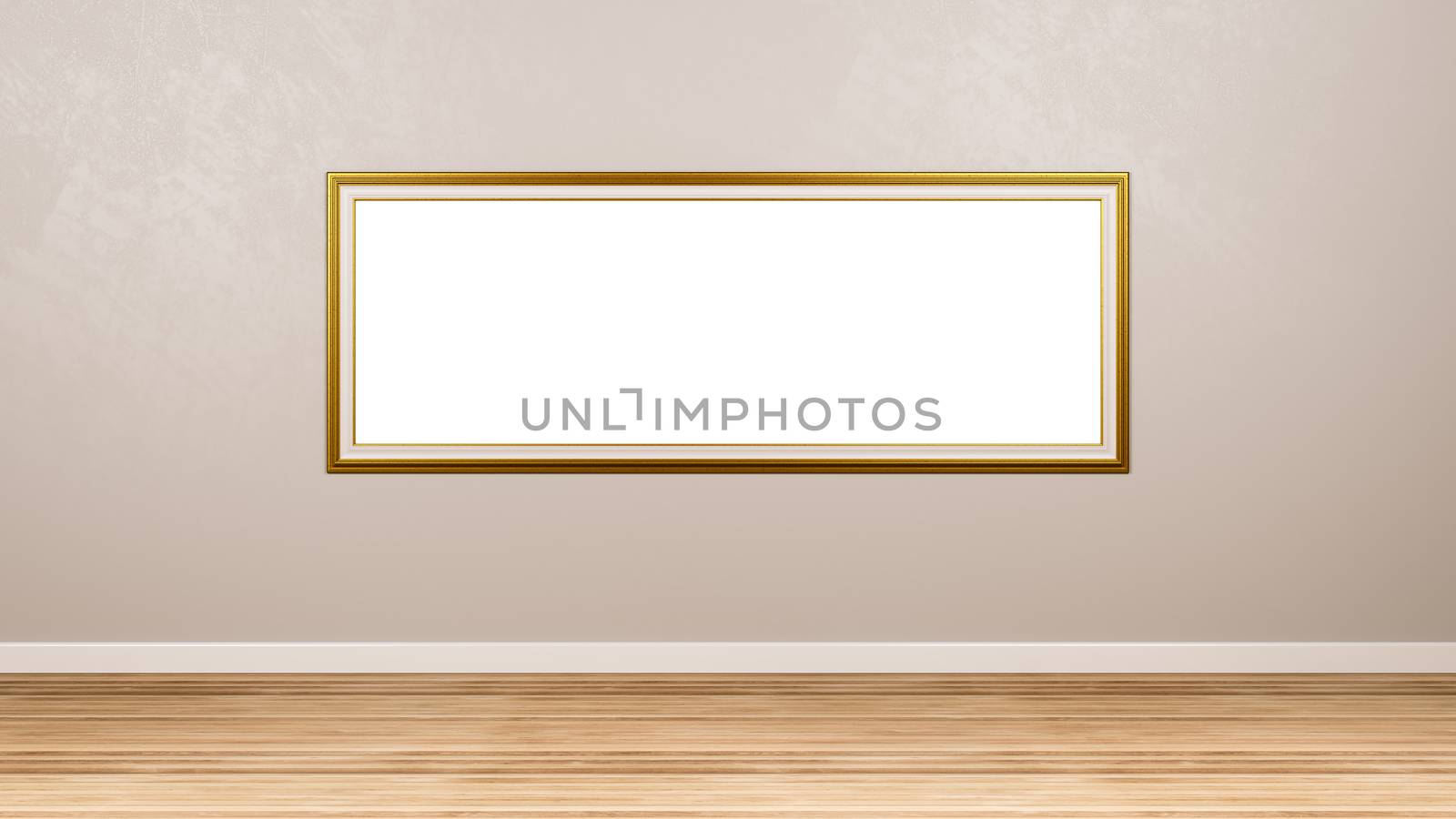 Classic Rectangular Panoramic Empty Golden Picture Frame at the Wall in the Room with Copyspace 3D Render