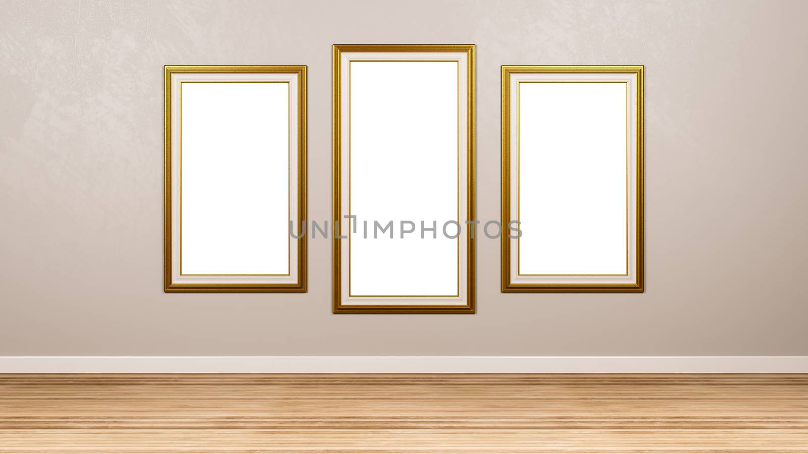 Triptych of Golden Empty Picture Frame at the Wall by make