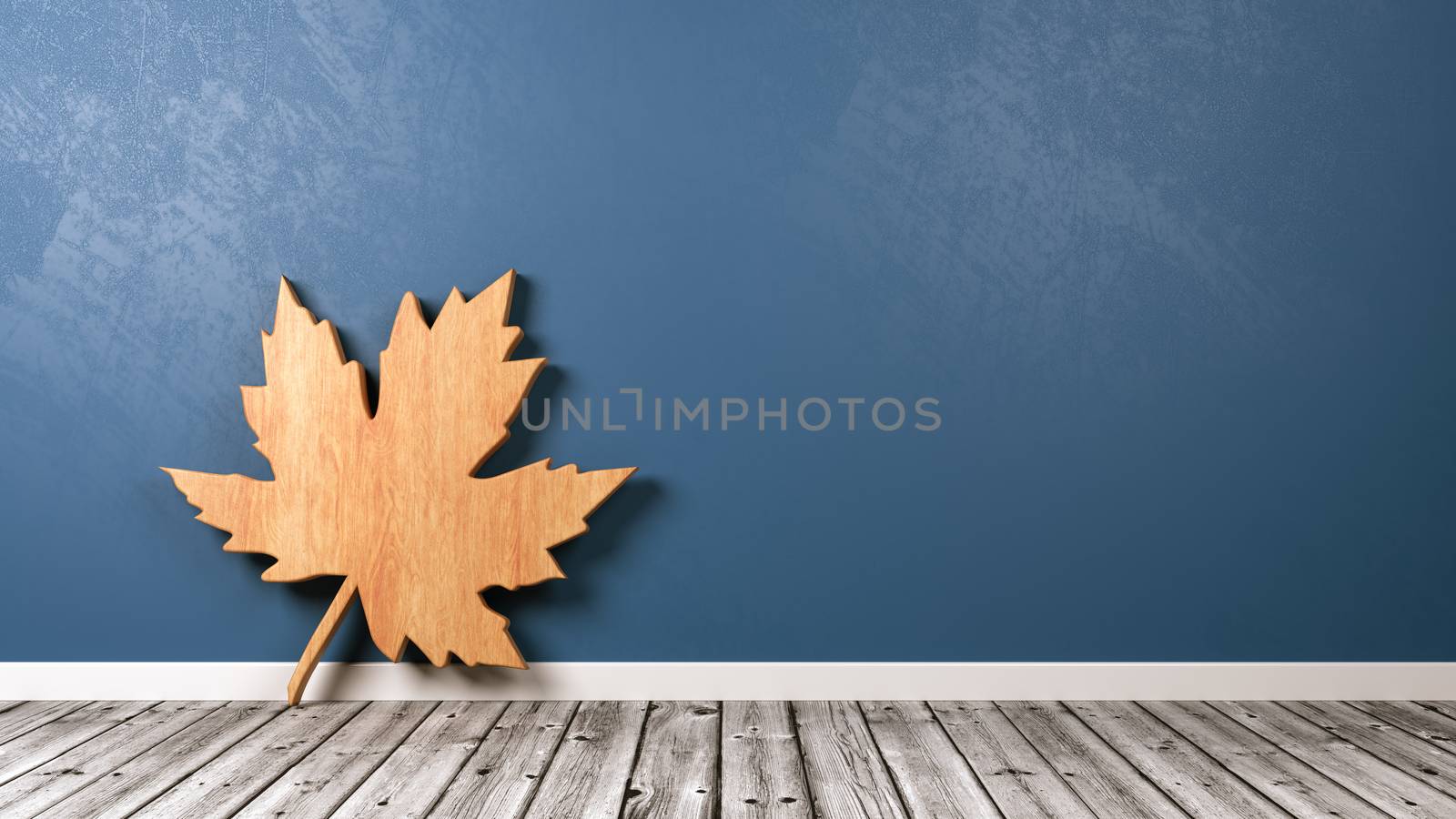 Wooden Leaf 3D Symbol Shape on Wooden Floor Against Blue Wall with Copy Space 3D Illustration, Autumn Concept