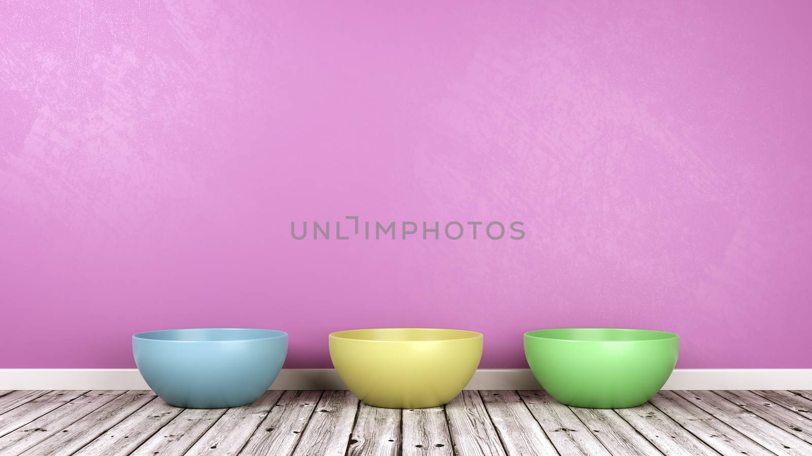 Three Colorful Bowl on Wooden Floor Against Purple Wall with Copy Space 3D Illustration