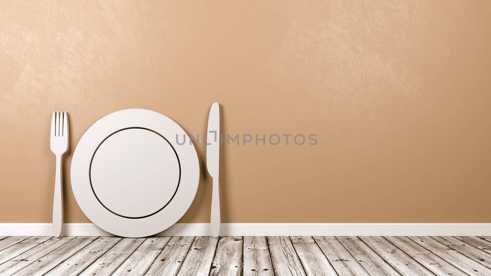 White Kitchenware 3D Shape on Wooden Floor Against Orange Wall with Copy Space 3D Illustration