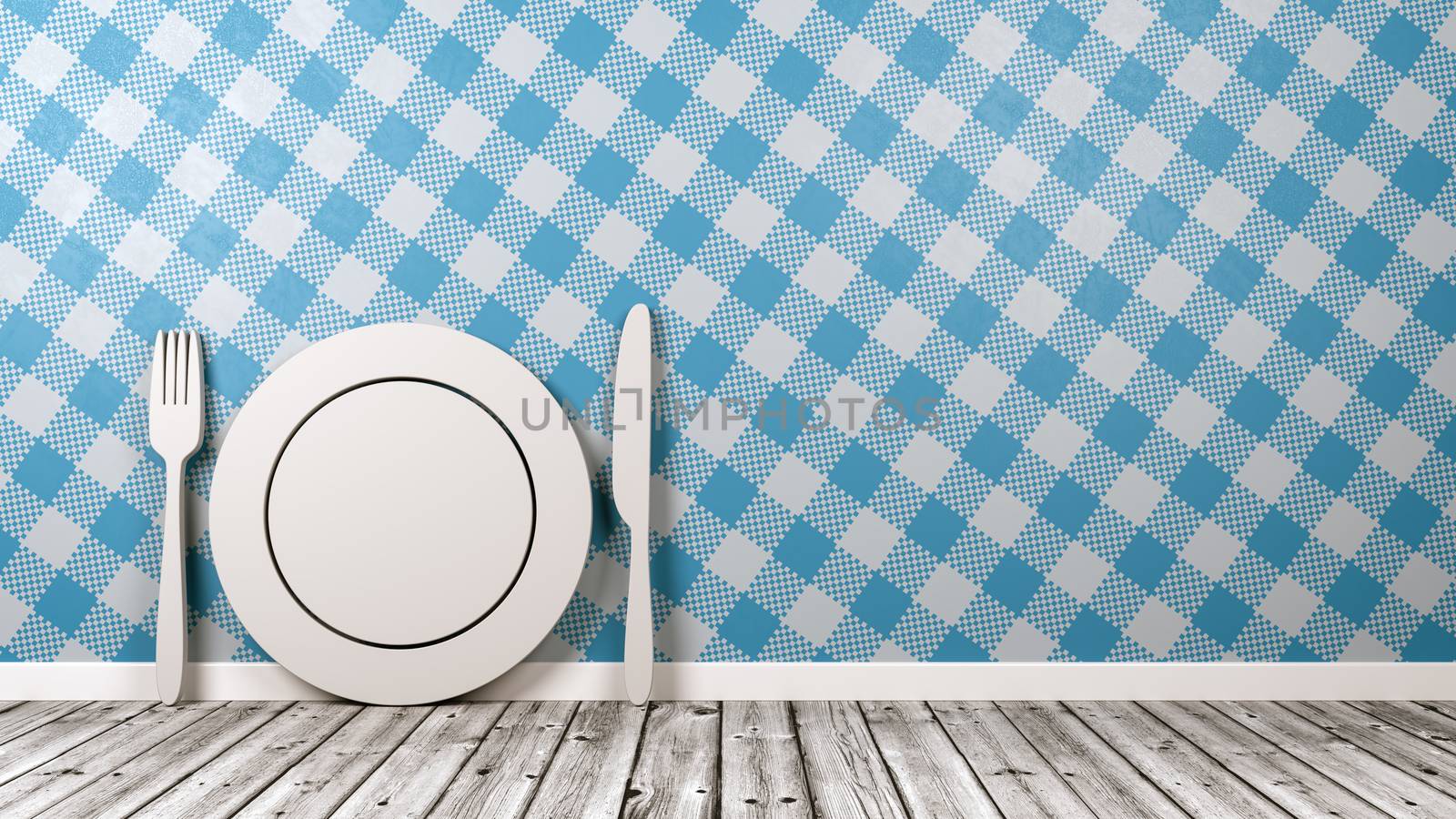 White Kitchenware 3D Shape on Wooden Floor Against Table Cloth Style Blue Wall with Copy Space 3D Illustration