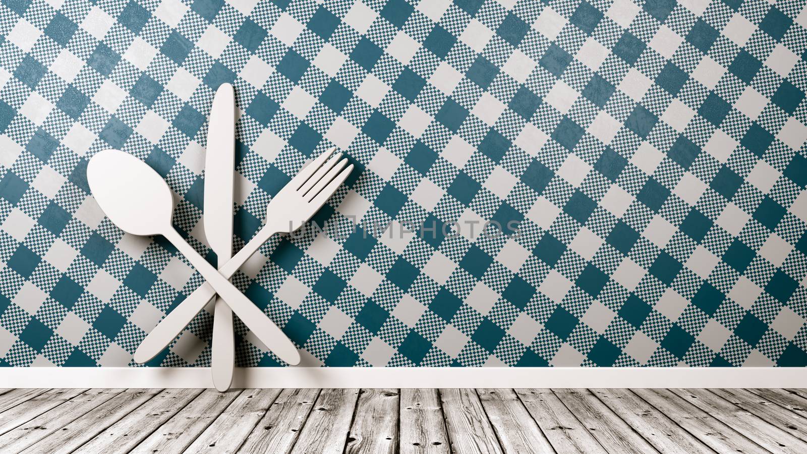 White Silverware 3D Shape on Wooden Floor Against Table Cloth Style Blue Wall with Copy Space 3D Illustration