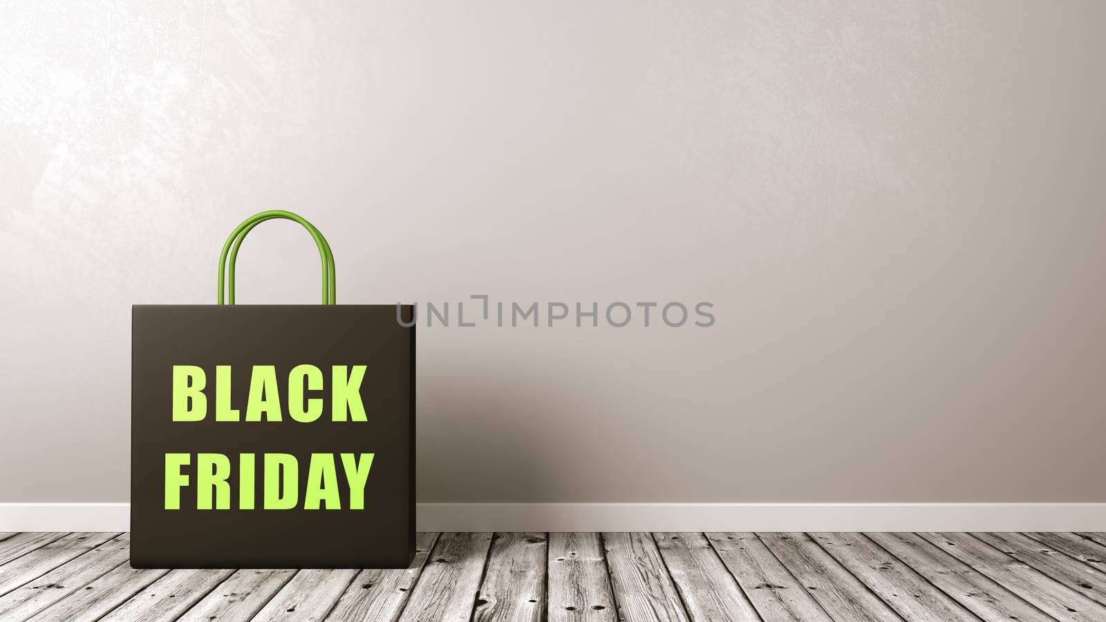 Shopping Bag with Black Friday Text on Wooden Floor by make