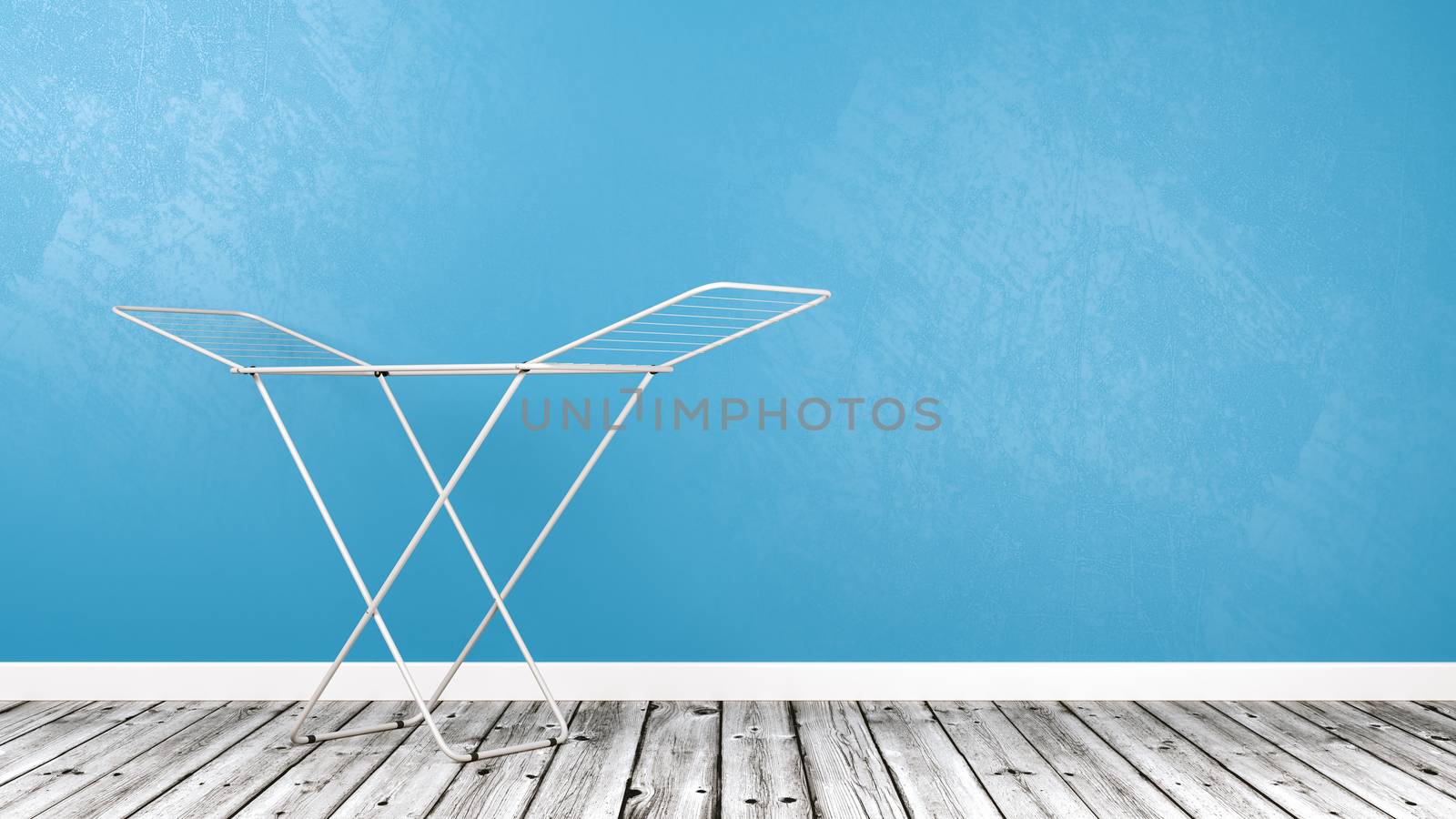 White Clothes Drying Rack on Wooden Floor Against Blue Wall with Copy Space 3D Illustration