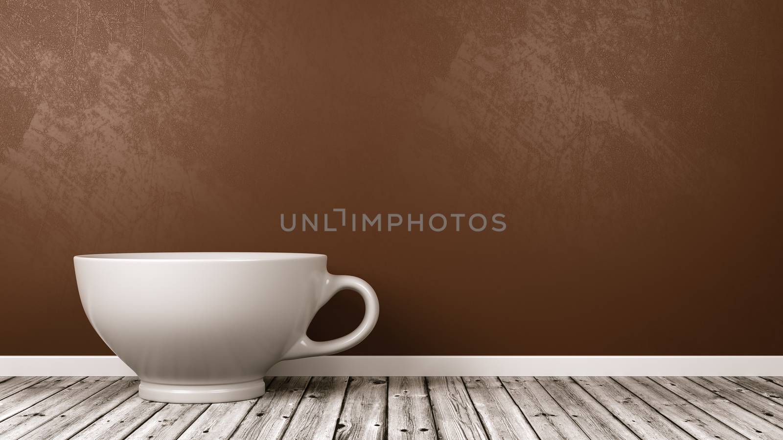 White Ceramic Breakfast Cup on Wooden Floor Against Brown Wall with Copy Space 3D Illustration