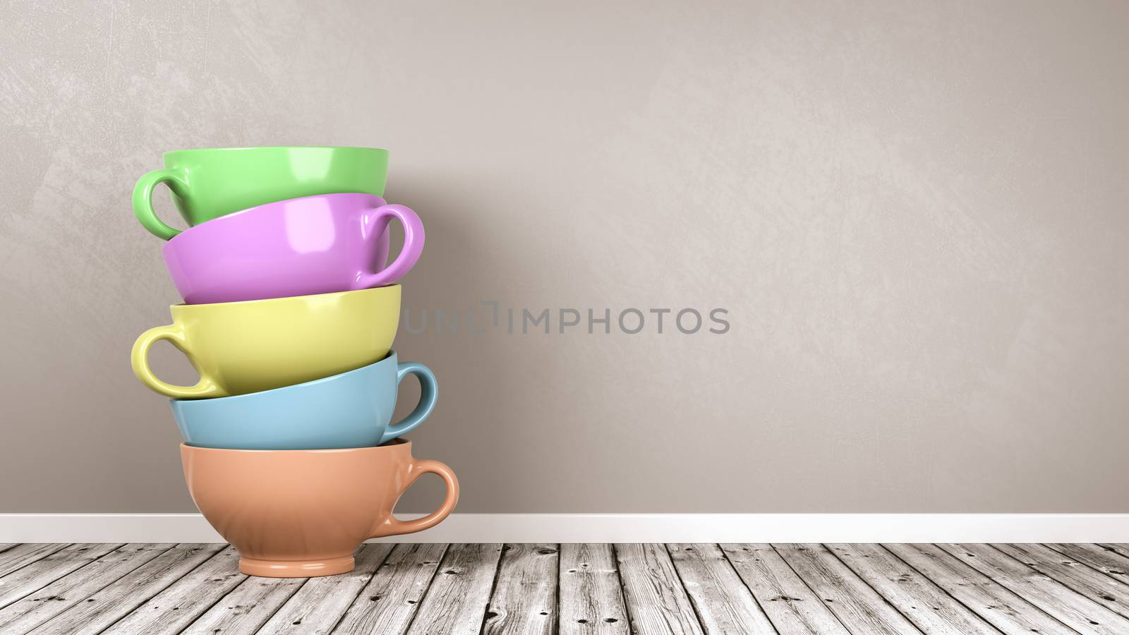 Stack of Colored Porcelain Breakfast Cups on Wooden Floor Against Gray Wall with Copy Space 3D Illustration