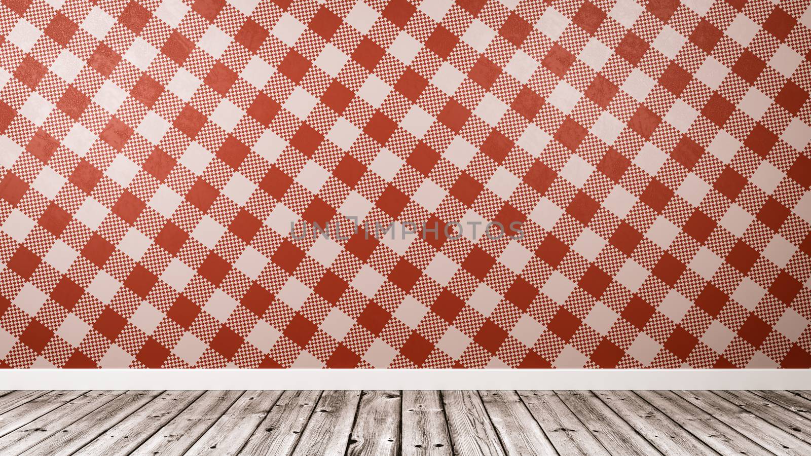 Empty Room with Restaurant Table Cloth Style Red Wall and Wooden Floor 3D Illustration