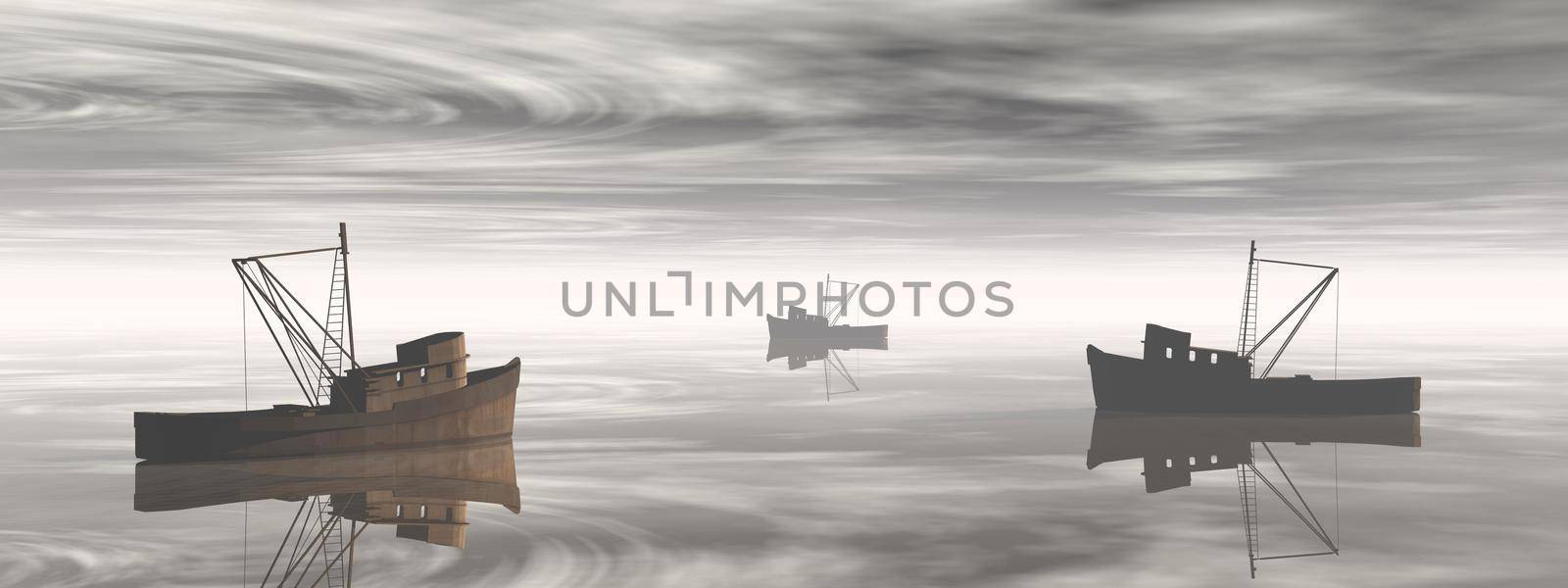 view on fishing boats with a very nice view and sky - 3d rendering