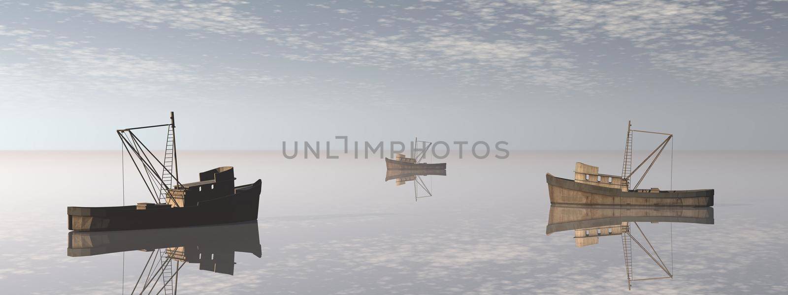view on fishing boats with a very nice view and sky - 3d rendering
