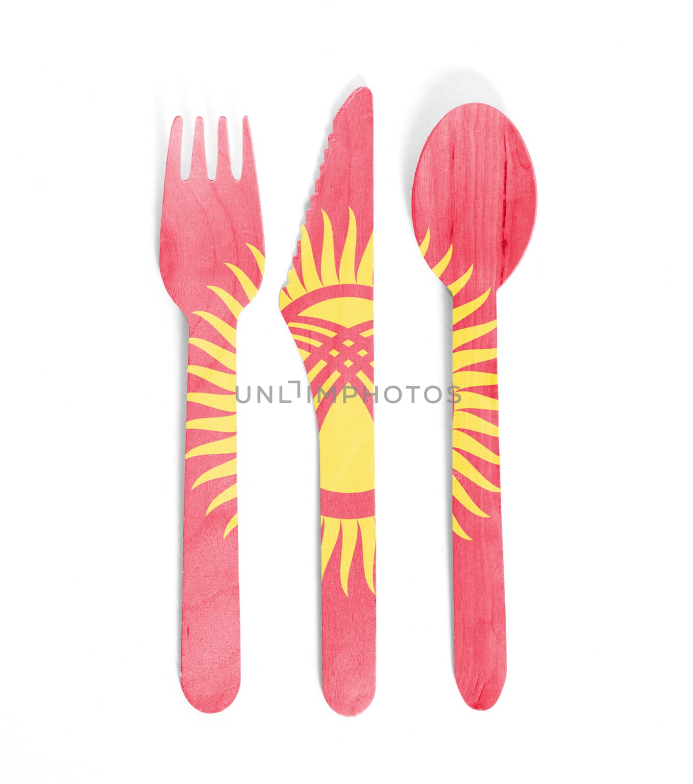 Eco friendly wooden cutlery - Plastic free concept - Isolated - Flag of Kyrgyzstan
